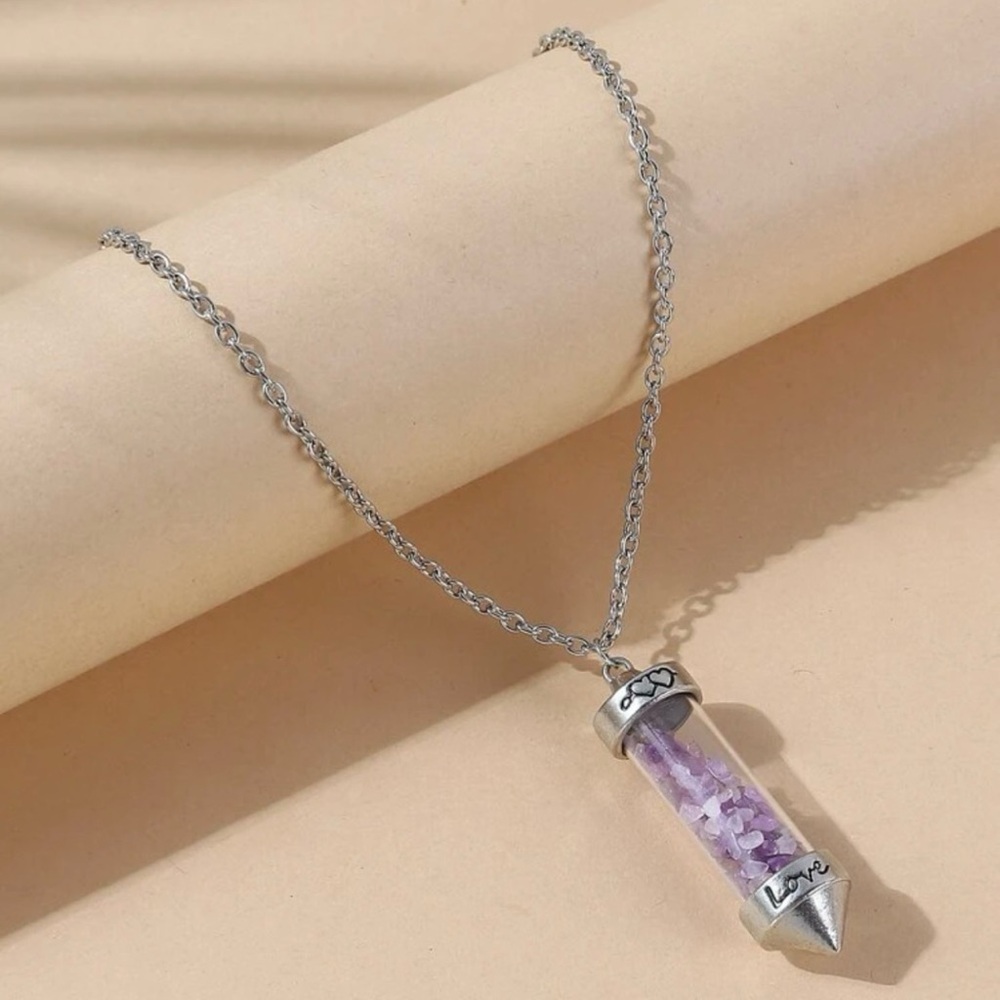 Amethyst Love Vial Tiny Lavender Float Stone Engrave Bottle Chakra Heart Pendant - Picture 8 of 16